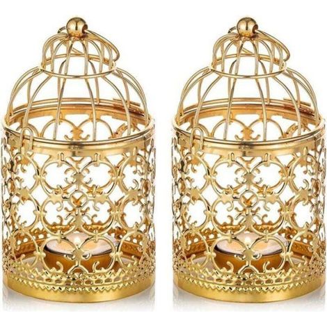 2 Pièces Petite Lanterne Cage Oiseaux Suspendue Photophore Métal, Lanternes Dorées pour Bougies Centres Table Vintage Mariag (1/4)