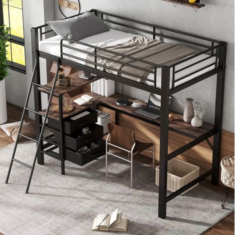 Letto a castello 90x200 cm nero e noce scuro, metallo e legno, con scrivania (1/5)