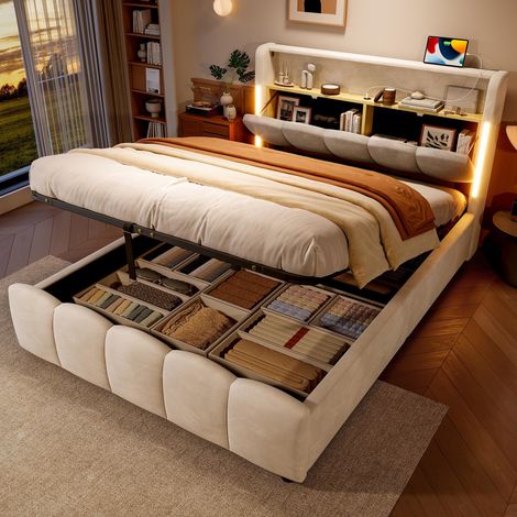 Lit 140x200cm - Lit coffre 140x200 - tête de lit avec compartiment de rangement, LED, ports USB et Type-C - velours, beige (1/5)