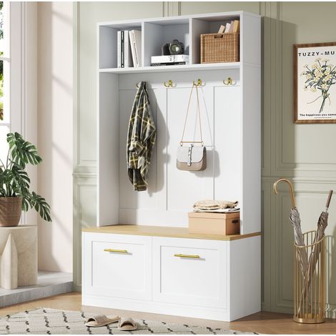 Guardaroba da ingresso con panca, 4 ganci e 2 ante, 105 x 40 x 180 cm, naturale e bianco OKMYHOME (1/5)
