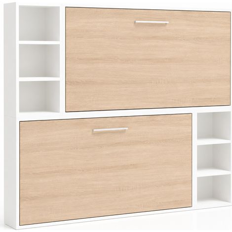 Lit escamotable superposé horizontal avec étagères BINKA - renforcé Sans matelas Blanc-80x200-Cadre Blanc-Façade Chêne clair (1/5)