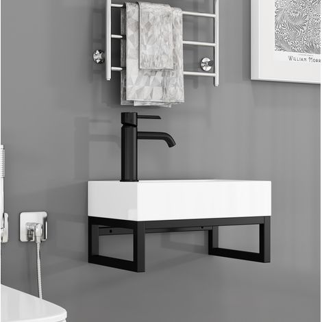 Lavabo sospeso 40,2x25,1x21 cm in ceramica bianco opaco con telaio in metallo – MEUBLIV (1/5)