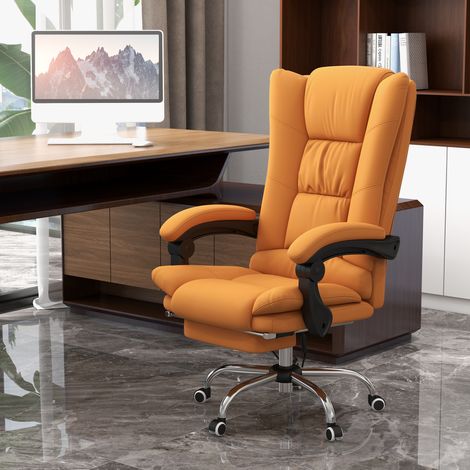 Fauteuil de bureau masseur et chauffant, inclinable avec repose-pieds, faux cuir marron clair (1/5)
