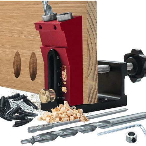 Taschenlochbohrlehre-Set, 15°-Metall-Taschenschraubenbohrlehre, Taschendübelbohrlehren-Systemset, Eckwerkzeug für Holzverbindungen (1/5)