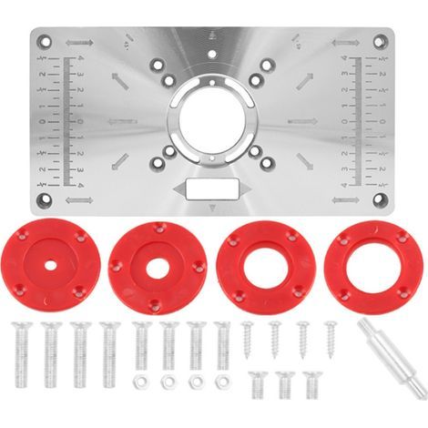 Einlegeplatte für Makita Frästisch, Schneidemaschine aus Aluminiumlegierung mit Fräseinlegeringen und Befestigungsschrauben.