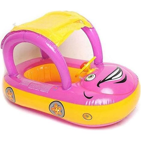 (Blu) Piscina per bambini con tettuccio, barca galleggiante UPF 50+, nuotatore gonfiabile per bambini a forma di auto con sedili (1/4)