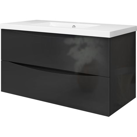 Meuble de salle de bain suspendu 100 cm, 2 tiroirs, avec vasque,MDF anthracite (1/5)