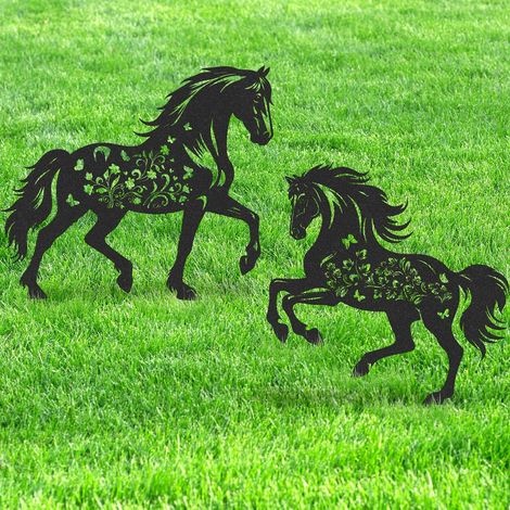 Décorations de jardin en métal représentant des chevaux fleuris - Ensemble de 2 pièces de chevaux ajourés pour la pelouse (1/5)