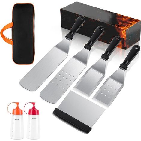 Juego exclusivo de accesorios para parrilla Blackstone: espátula y utensilios para parrilla (8 piezas). Accesorios profesionales para barbacoas planas. Ideal para asar al aire libre, teppanyaki y acam