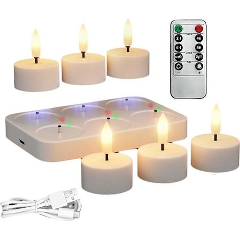 HOXILEELEO - Bougies chauffantes rechargeables sans flamme avec station de charge, lot de 6, alimentées par piles, avec télécommande et minuterie (FMY), blanches (1/5)
