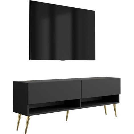 Meuble TV : Noir Mat, pieds obliques dorés, 140 × 32 × 52 cm (1/5)