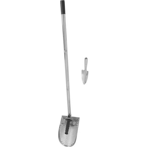 Pelle à tamis pour détecteur de métaux, en acier inoxydable, avec manche amovible de 115,5 cm, idéale pour la recherche de trésors sur la plage et sous l'eau. (1/5)