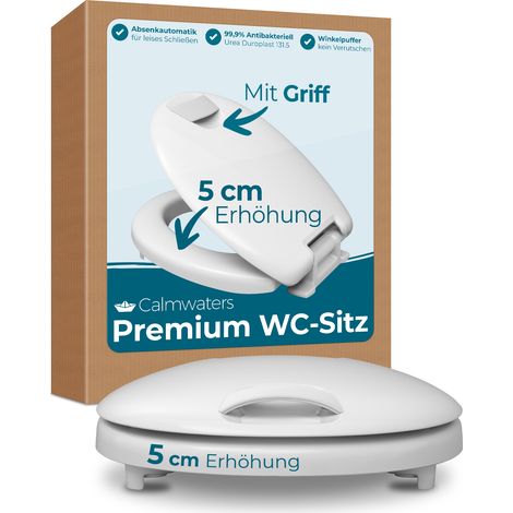 Calmwaters WC-Sitz erhöht, + 5 cm Erhöhung, stabiler Griff, Absenkautomatik, Made in EU, antibakteriell, universal, oval, Duroplast, Toilettensitz