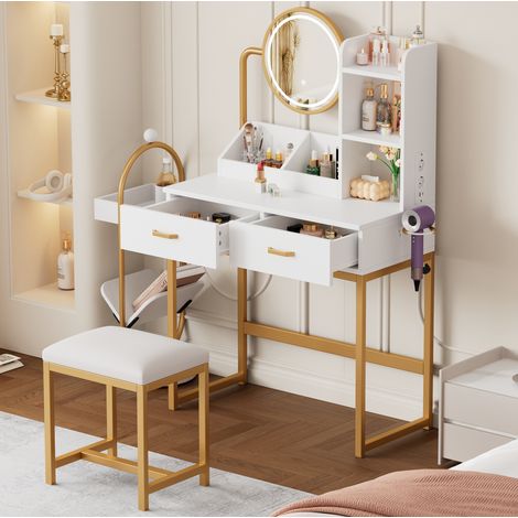 Schminktisch mit LED-Spiegel, Steckdosen und Hocker OKMYHOME (1/5)