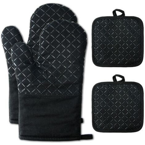Oven Gloves Oven Gloves 1 Pair and Silicone Potholder Oven Mitts Kitchen with Potholder Mat Heat Resistant Non-Slip Oven Mitt for BBQ Cooking Baking Microwave (Black) (1/5)
