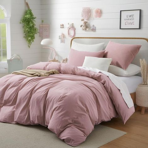 Parure de lit 135x200 coton rose 2 pièces lit simple parure de lit unie set douce pour personnes allergiques housse de couette confortable en coton et 1 taie d'oreiller 80x80 (1/5)