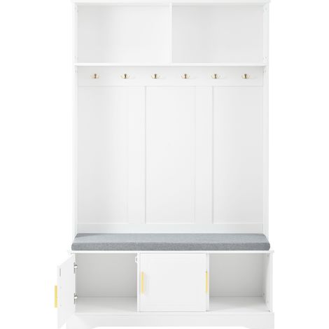 Perchero de pie con banco para zapatos HOMVRA, 6 ganchos dobles, blanco, 120 x 40 x 191 cm (1/5)