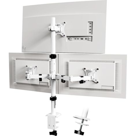 Triple Bras de Moniteur, Support Ecran PC 3 Ecran pour Moniteurs de 13-32 Pouces(80CM pôle), Support de Bureau pour Moniteur Maximum 9 kg par écran, 2 Options de Montage, VESA 75/100, Blanc (1/5)