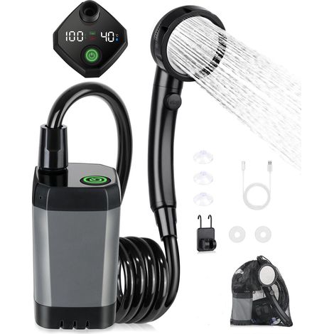 Kit doccia da campeggio, doccia portatile, pompa doccia elettrica ricaricabile, impermeabile, con display intelligente e soffione doccia a 4 modalità per esterni, campeggio, escursionismo, nero