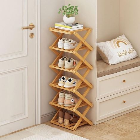 Étagère à Chaussures Pliable, Range-Chaussures Vertical en Bambou, Haut pour Petits Espaces, Étagère à Chaussures Étroite Multifonctionnelle pour Entrée, Chambre, Couloir, Couleur Bois, 6 Niveaux (1/5)