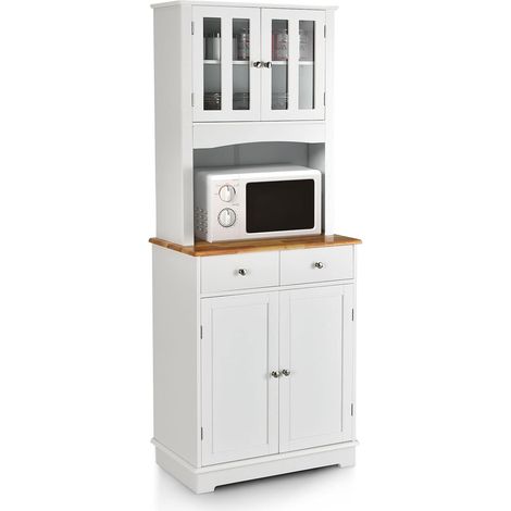 Goplus – Buffet haut cuisine 170 cm – Armoire en verre trempé – Comptoir en bois d'hévéa – Étagères réglables – 2 tiroirs – Blanc (1/5)