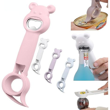Ensemble d'ustensiles de cuisine roses comprenant un ouvre-boîte, un tire-bouchon et un décapsuleur.