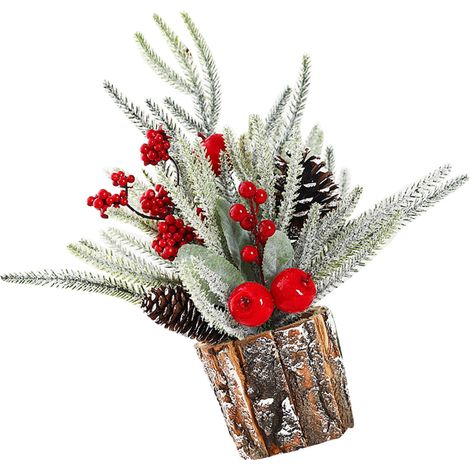 Sapin de Noël table 35 cm, socle tonneau bois écorce, ornement artificiel bouquet baies rouges pour maison hôtel bureau (1/4)