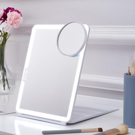 Lntyq LED-Kosmetikspiegel für unterwegs, faltbar, 17,8 x 22,9 cm, 3 Leuchtmodi, wiederaufladbarer USB-Touchscreen, tragbarer Kosmetikspiegel für den Tisch (weiß) (1/5)