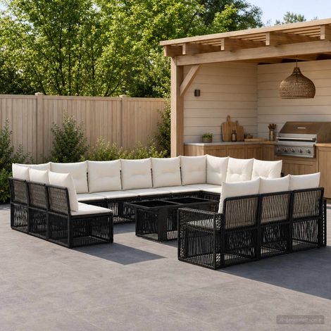 vidaXL Set Divano da Giardino 14 pz Nero e Bianco Crema polyrattan (1/5)