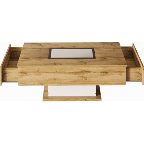 Mesa de centro con LED regulable, vidrio y 2 cajones, 110,2 x 60 x 39,7 cm (1/5)