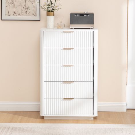 Commode 5 tiroirs, 70x40x108 cm, Chiffonnier moderne pour chambre et salon, Meuble de rangement en MDF avec coulisses silencieuses, Blanc (1/5)