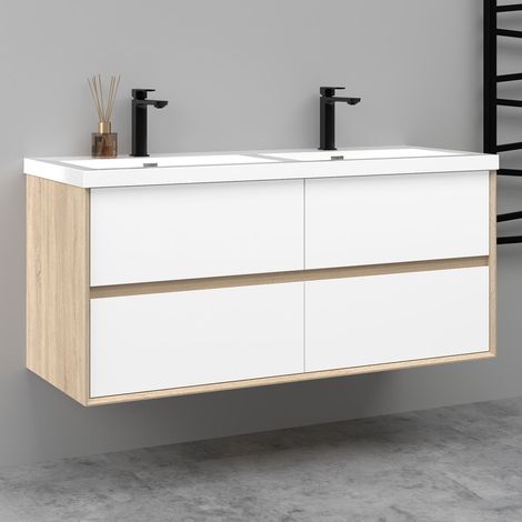 Meuble salle de bain suspendu 120 cm Blanc et Chêne, 4 tiroirs + vasque inclus