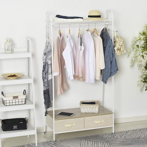 99x47x185cm - Porte-manteaux en métal doté de roues, cintre à linge avec étagères à rails, tiroirs pour organiser les sacs à vêtements