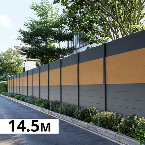 Kit Clôture Aluminium BAHIA & CRUZ Cèdre 14,68x1,8m - Bois Composite & Aluminium - Poteaux Gris - Brise Vue - Palissade