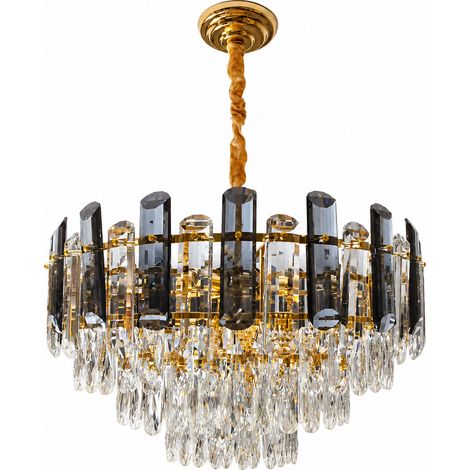 Luxe lustre en cristal ronde, suspension LED dorée avec 3 couleurs de lumière, plafonnier élégant pour salon