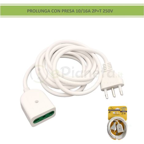 Prolunga elettrico 3 5mt con spina piatta presa bipasso 10 16A 250V cavo bianco lineare 3G1 3 m (1/3)