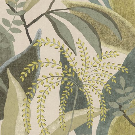 Natur Tapete Profhome 791864 heißgeprägte Vliestapete leicht strukturiert mit Blumen-Muster matt creme oliv-grün farn-grün 5,33 m2