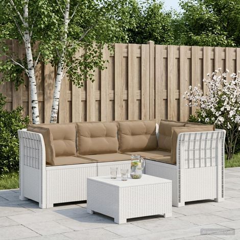 Canapé de jardin 4 places modulable en PP aspect rotin avec coussins Blanc et Taupe - PANGIVO (1/5)