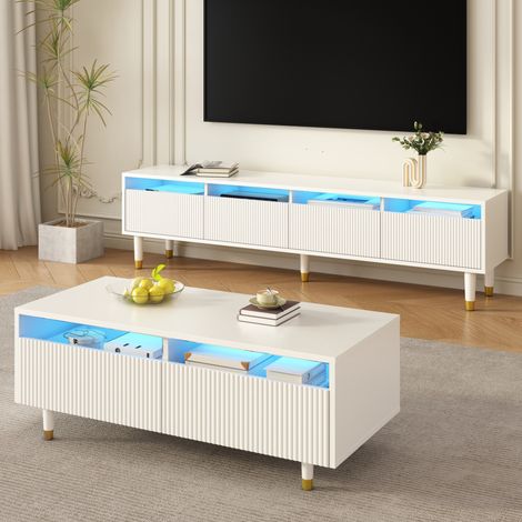 Conjunto de mueble de salón (110x50x40 cm y 178x35x45 cm), con LED, almacenamiento, MDF, blanco (1/5)