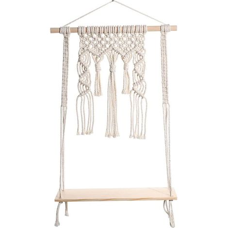 Étagère murale en macramé avec tablette bois, format compact 10 × 35 cm (1/5)
