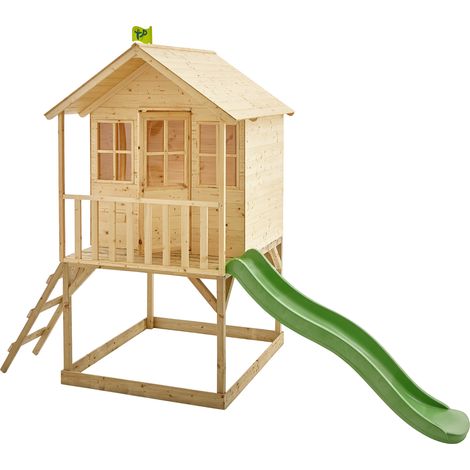Tp Toys – Cabane de jardin pour enfant sur pilotis en bois FSC – Bac à sable ombragé – Toboggan 1,75m – Dimensions L.306 x l.137 x h.230 cm (1/5)