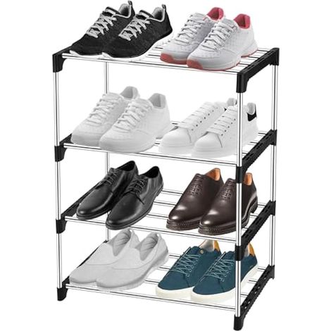 Petit porte-chaussures compact, étagère à chaussures stable 4 niveaux en tube d'acier épais, rangement ajustable pour espace étroit.