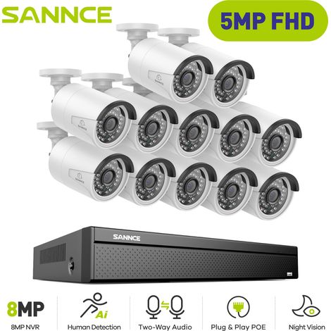 SANNCE Kit de Vidéosurveillance Filaire,16CH NVR avec 3MP × 12 Caméras PoE Vision Nocturne Sécurité Caméra de Surveillance Accès Distance Enregistrement 24/7 (1/5)
