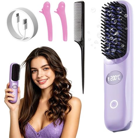 Brosse Lissante pour Cheveux, Peigne Chauffant Ionique Sans Fil Rechargeable Brosse Electrique Portable pour Cheveux Courts avec 3 Temperatures (1/5)