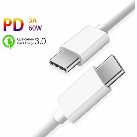 Cable de charge rapide usb c vers usb c 60w 3a pd 025m - blanc