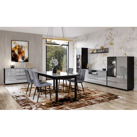 Esszimmer Möbel Set grau modern HOOVER-83 mit Glasfronten und Beleuchtung
