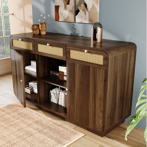 Credenza 120 cm effetto noce con 3 cassetti, 2 ante e nicchia aperta HAVRYA (1/5)