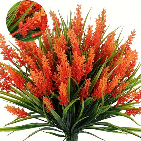 Set of 6 Artificial Outdoor Lavender Plants, Simulated Decorative Garden Flowers, UV-Resistant Greenery — Orange