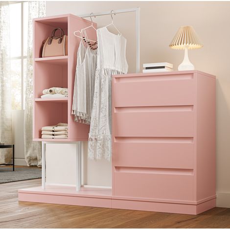 Estantería armario de aglomerado y metal rosa/blanco 100 x 40 x 135 cm con 4 cajones y barra para colgar (1/5)