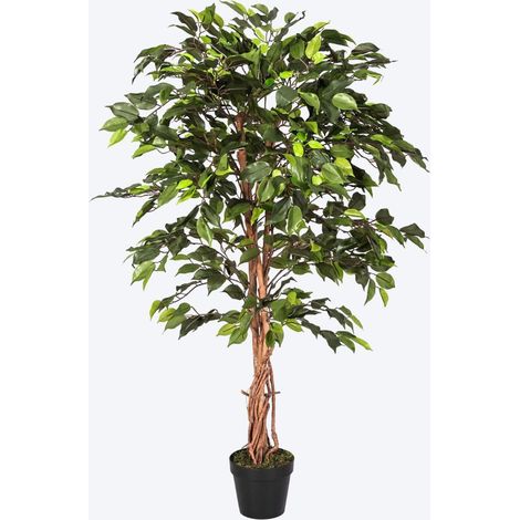 HOMESCAPES Green Ficus Tree Artificial Plant with Twisted Real Wood Stem, 4 Ft (1/5)